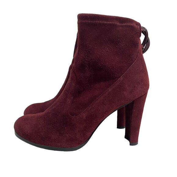 Stuart Weitzman Burgundy Suede Glove Tie Back Round Toe Heeled Ankle Bootie 7.5 - Picture 5 of 12